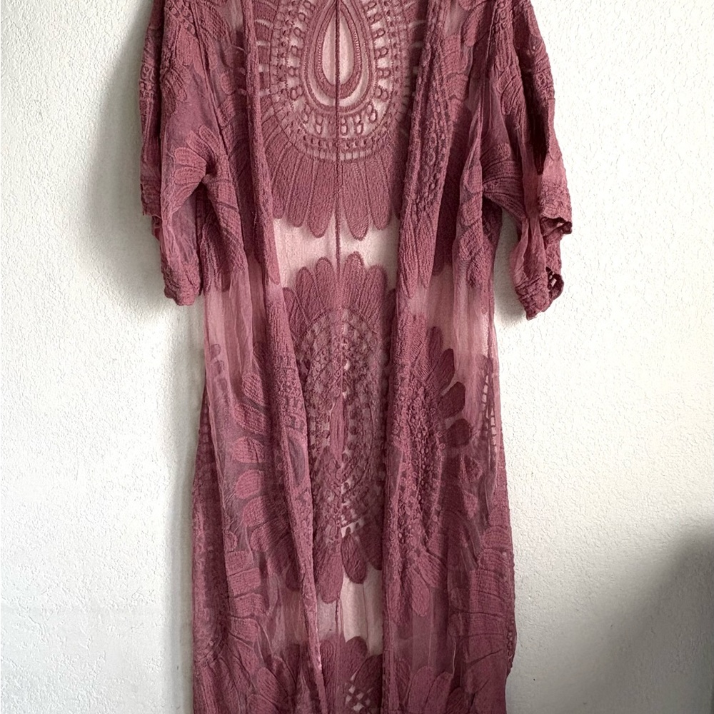 Rebellion Sheer Lace Duster/Kimono, Long Cardigan, Dark Rose Color, Sz. Small